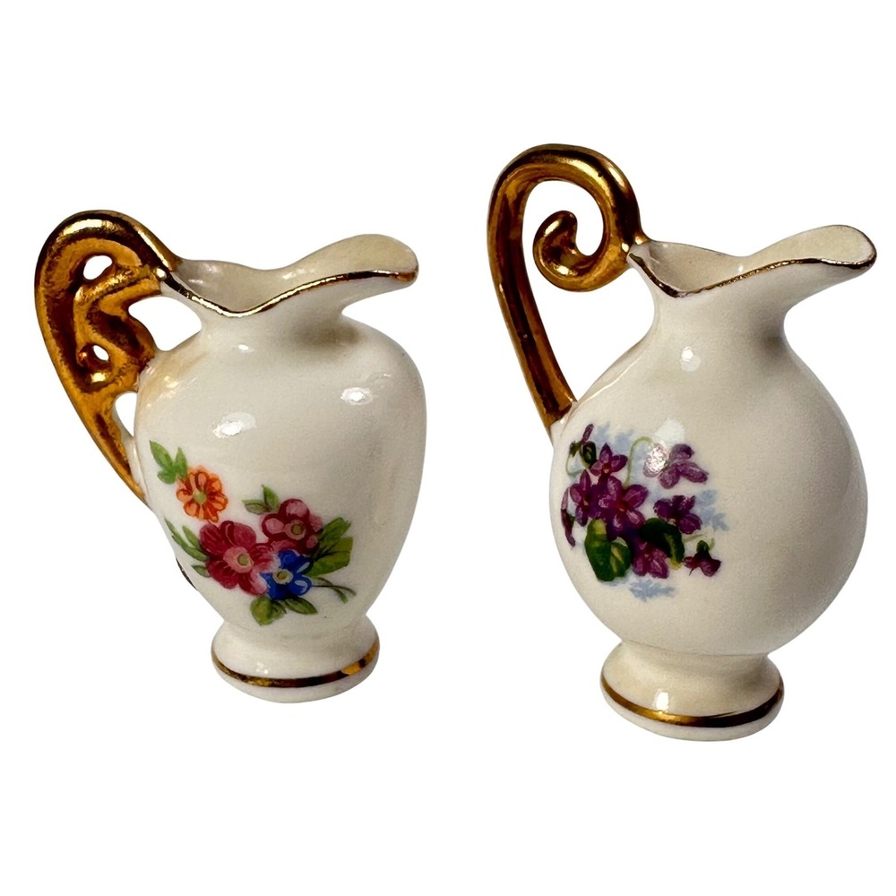 Tokai Bone China Japan Miniature Pitchers  Floral‎ & Violet Pattern Gold Handles